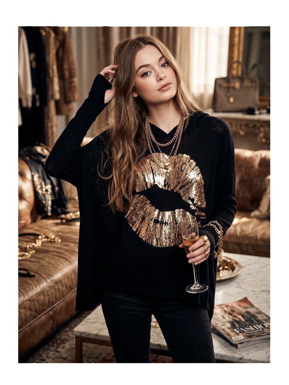 new Lauren Moshi ᨎ Wilma Rose Gold Lips Oversized Pullover Hoodie ᨎ Black ᨎ XS S